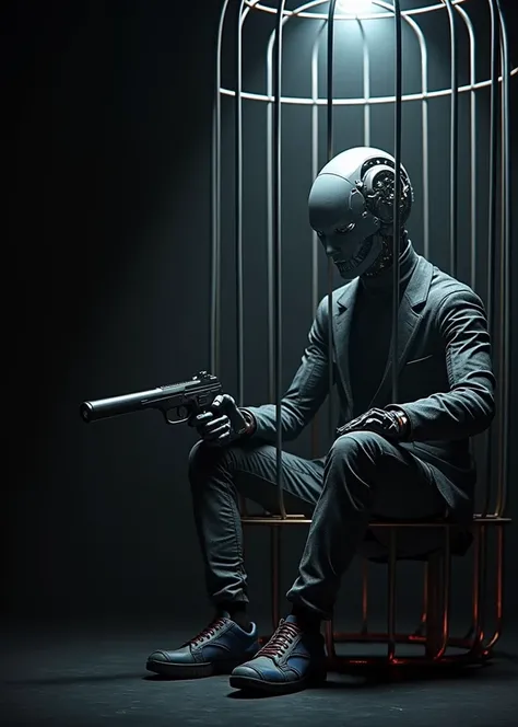 humanoid robot, (real human black suit), fierce and cold face, ((gun)), 1man, (((half-human-face-and-half-robot-face man))), (being trapped in a neon simple outlined cage in the foreground), sitting on a throne, dark background, intricate circuits, medium ...