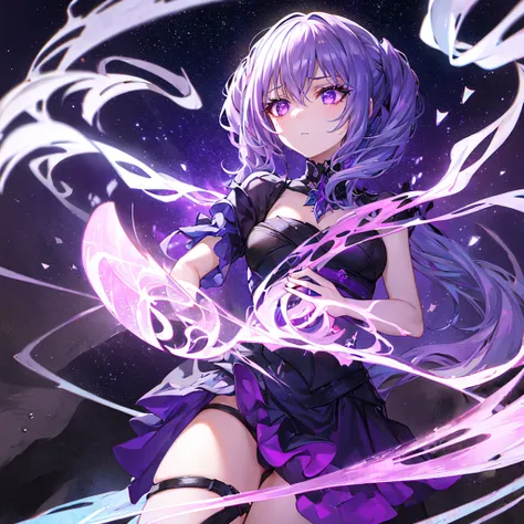 Surrounded by patterns of stars and shattered glass fragments, a devilish girl stands with a confident poise. Her silhouette and features are outlined in vivid purple and indigo neon lines, creating a striking contrast against the dark background. Her eyes...