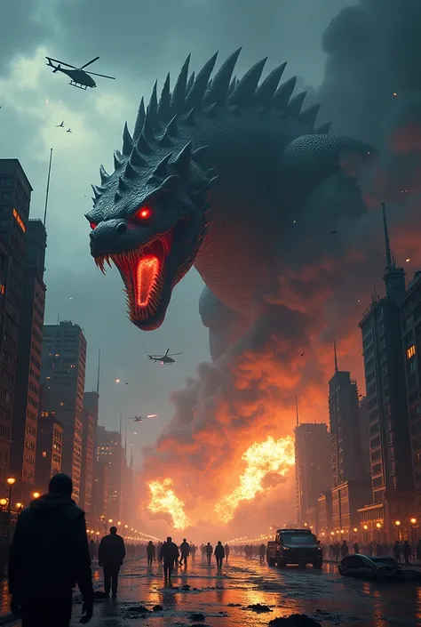  A gigantic monster emerges from the depths ,  a hybrid creature between a sea dragon and a beast Tiliana ,  with dark scales that reflect flashes of the lights of the city .  His eyes shine with a deep red ,  and fire and smoke erupt from its mouth as it ...