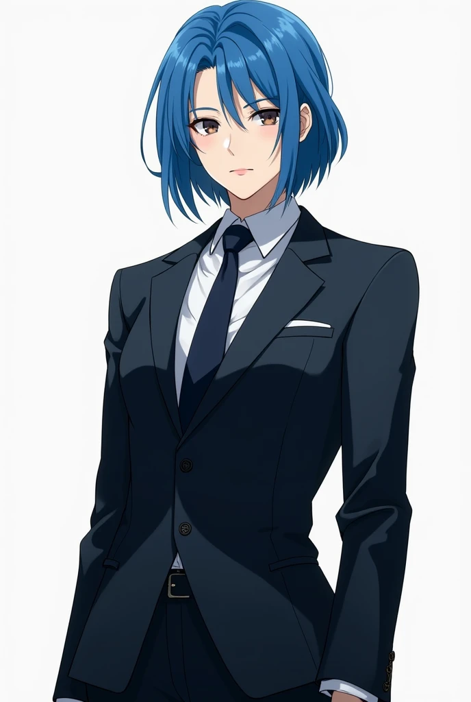 anime adult with blue hair in a suit