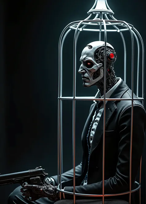 humanoid robot, (real human black suit), fierce and cold face, ((gun)), 1man, (((half-human-face-and-half-robot-face man))), (being trapped in a neon simple outlined cage in the foreground), sitting on a throne, dark background, intricate circuits, medium ...