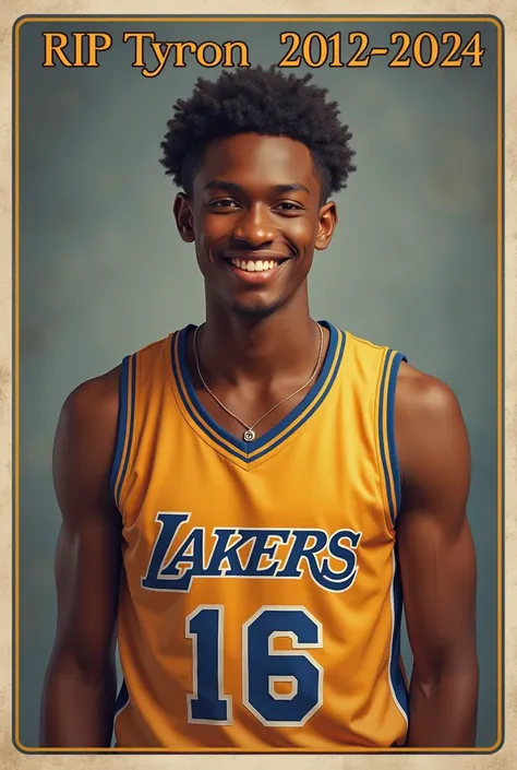 Create a image of a flyer with a realistic photo of a boy named Tyron who is  wearing a basketball lions jersey number 16 smiling and the flyer has to say RIP Tyron 2012-2024