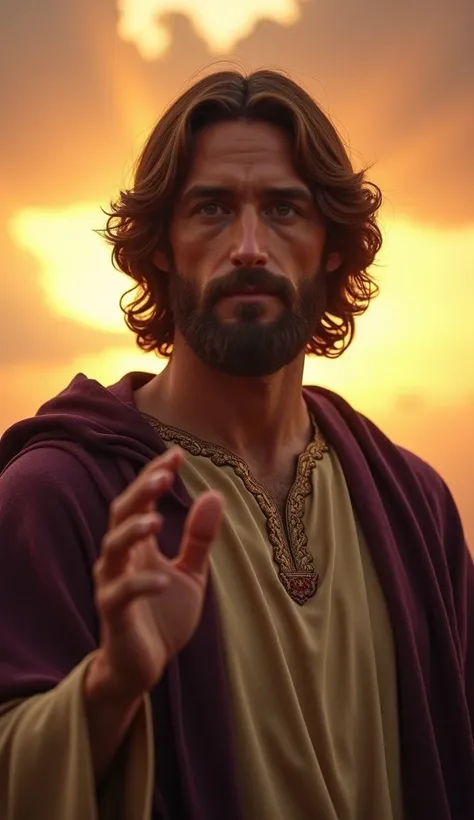 A cinematic, ultra-realistic portrait of Jesus Christ with authority, looking directly at the viewer. He has short, wavy brown hair, a thick, well-groomed beard detailed with a realistic texture. Jesus wears a beige tunic with gold embroidery and a dark pu...