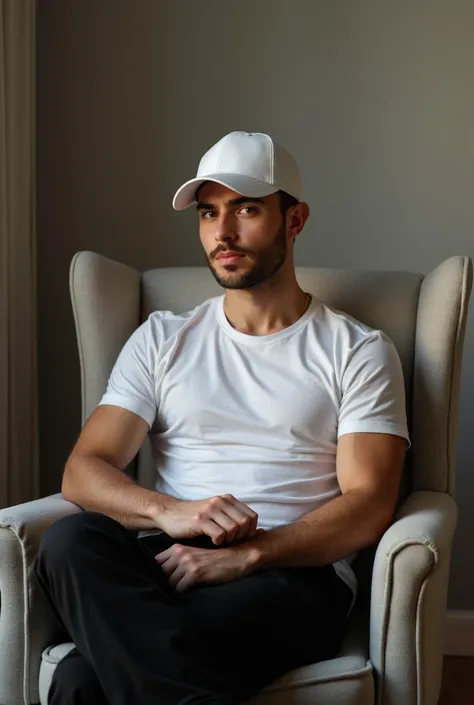 A handsome 28-year-old man sitting in the armchair looking at the camera and white cap white t-shirt and long black pants