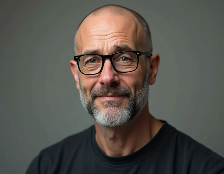 50-year-old Caucasian man, with completely shaved bald head, dark green eyes, wearing glasses, medium build, 1.75cm tall, bust image, with a kind, thoughtful, concentrated expression, with a short, well-groomed, grey beard. Realistic portrait wearing a dar...