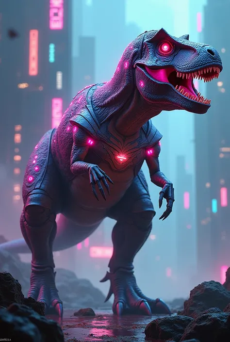 Show me a trex name neon trex with armors and helmets and hes bigger than a normal trex