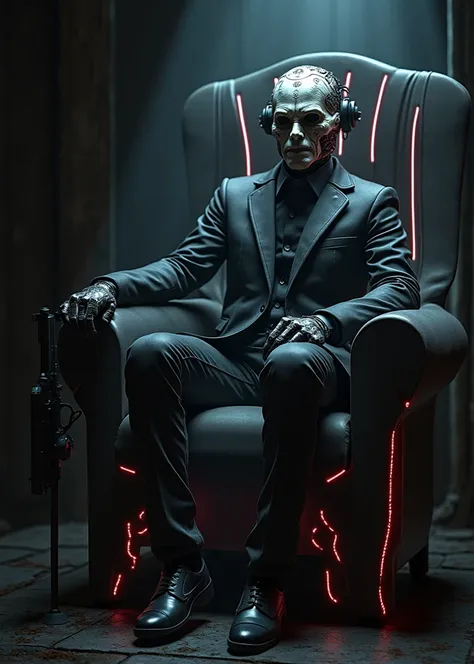 humanoid robot, (real human black suit), fierce and cold face, ((gun)), 1man, (((half-human-face-and-half-robot-face man))), (being trapped in a neon simple outlined cage in the foreground), sitting on a throne, dark background, intricate circuits, medium ...