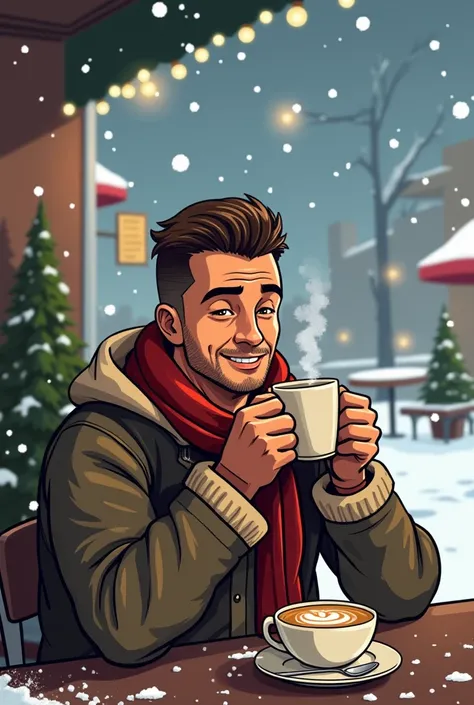 Slick Back Undercut, draw a comic about a man in his 30s who sits in a cafe on a snowy Christmas day outside the window, wraps his hands around a warm, steaming Americano, and smiles with his eyes smiles