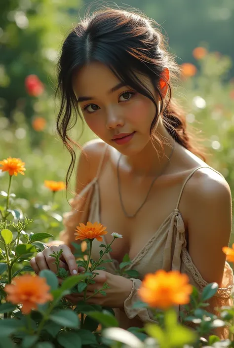 a young woman tending to her garden, full visible body, beautiful detailed eyes, beautiful detailed lips, extremely detailed face, long eyelashes, serene expression, delicate hands, flowing dress, natural lighting, lush foliage, vibrant colors, (best quali...