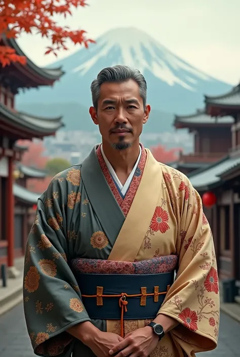 A man wearing a Japanese kimono　The background is Kyoto　