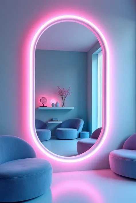 "Create a futuristic and stylish interior featuring an oval-shaped mirror with a glowing neon pink frame. The mirror is set against a light pastel blue wall, with soft LED lights illuminating the space. The background includes a cozy area with rounded furn...