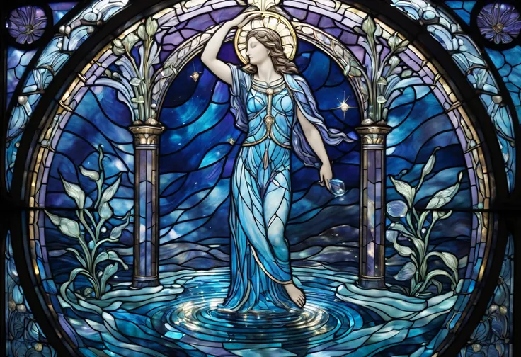 A stained glass depiction of Aquarius, with a celestial figure pouring luminous water from a shimmering urn. The water flows in glowing blues and silvers, forming geometric ripples, while the glass background radiates cosmic purples and golds