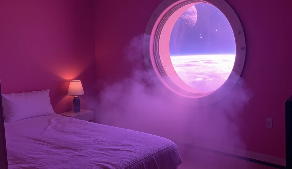 an empty cozy bedroom with shades of fuchsia and purple, clouds are floating inside the room and from the porthole you can see the space and the earth from the porthole near the bed, raw, iPhone16, f/2.0 USM lens, ISO 100, 1/200,
