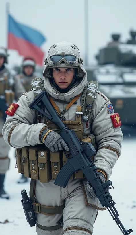 Russia: Soldiers dressed in winter camouflage uniforms with red and gold accents, carrying modern AK rifles, backed by armored tanks, and proudly displaying the Russian flag.