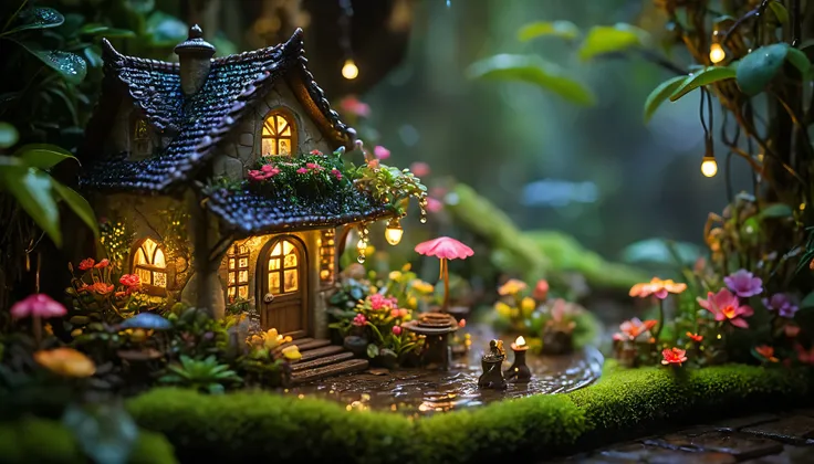 Raining time, intricate raining droplet,A stunning miniature scene set in a magical rainforest, miniature medieval city, cloudy day time,rainy day,day time,The low-key mood is enhanced by the soft lighting, casting a warm glow over the delicate colorful fl...