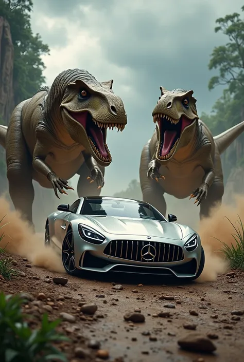 Dinosaurs fight against cars