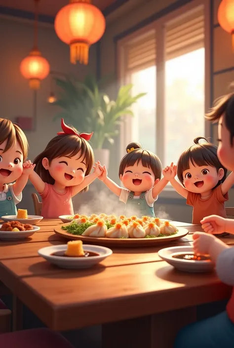 (best quality,realistic),wooden table,restaurant,dumplings,dancing,steaming,soy sauce,smiling,laughing,cute eyes
