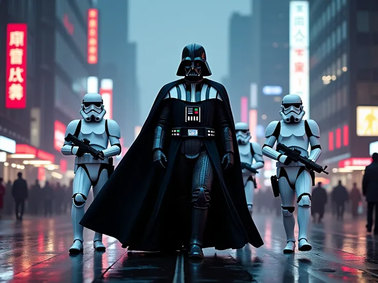 Darth Vader with three Stormtroopers behind him, walking epic gait through Beijing at Night, cosplay, realistic, professional photo.