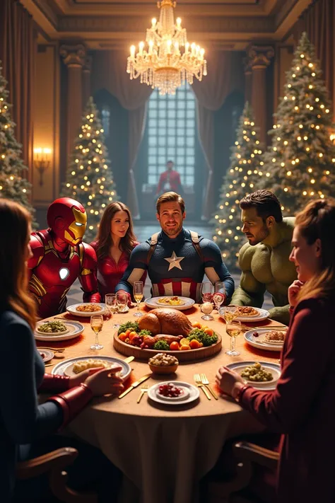 The Avengers gathered at the Christmas dinner table. 