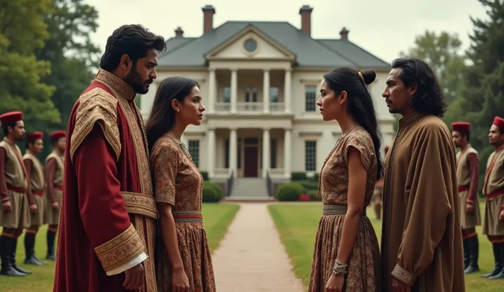 Two contrasting families standing against each other in a tense confrontation. On one side, a wealthy, powerful family dressed in rich, traditional attire, standing in front of a grand mansion with guards. On the other side, a modest, hardworking family dr...