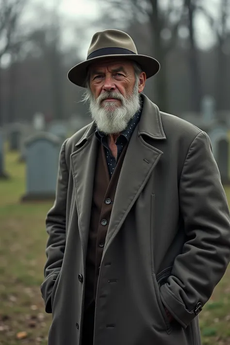  Overview of an American gravedigger, In 1960 , 35 ans, A beard of 3 days ,  a worn old gray hat ,  a long worn gray coat , tenant une grande pelle dans une main,  an old colt in the other ,  in one cemetery , The evening.