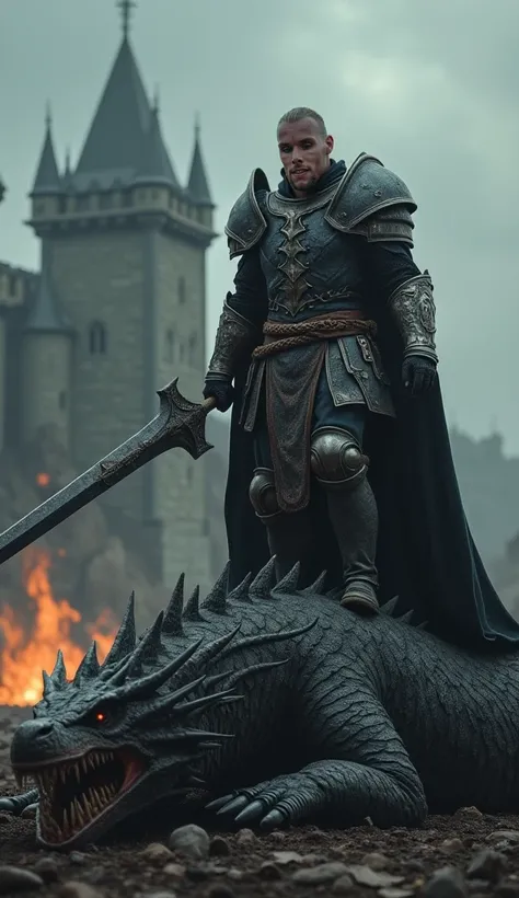 A ultra realistic dynamic cinematic shot of a masculine fit soldier in full medieval combat armor wielding a giant epic metal sword heroically standing on top of a defeated evil dragon,heroic victory,dynamic epic scene,8K UHD high dynamic range,best lighti...