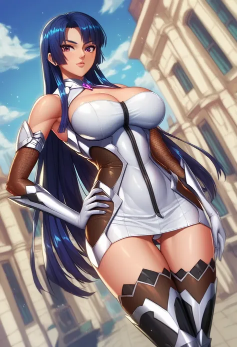 ,yatsu_murasaki,score_7_up,score_8_up,scrore_9,cityscape,1girl,solo,dynamic angle,ymtu,white elbow gloves,large breasts,cleavage,bare shoulders,white dress,hand on hip,side cutout,sidelocks,ass visible through thighs,clothing cutout,short dress,black thigh...