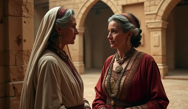 image showing a distinguished woman, in biblical clothing, talking to an equally distinguished gray-haired lady in biblical clothing; biblical house from the time of Abraham in the background;