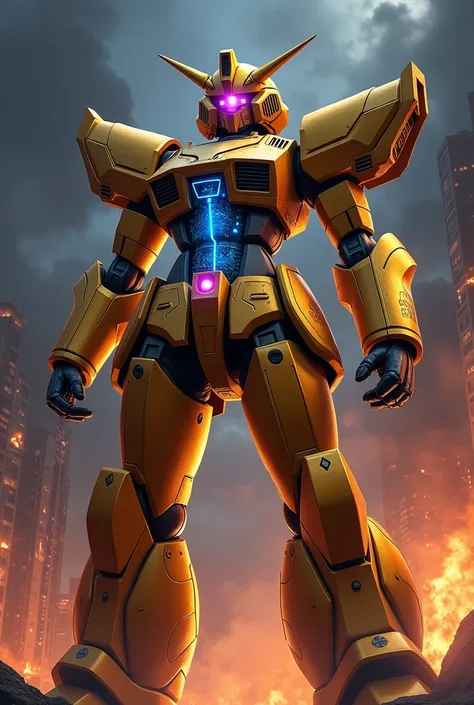 A massive female humanoid robot is depicted against the backdrop of a dark night sky, surrounded by burning buildings and billowing smoke. The robot wears a heavy and imposing armor primarily in gold and brown tones, exuding dignity and power. The head fea...