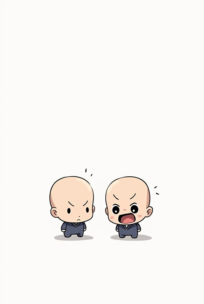 An indifferent with deadpan expression art base character stand next to easily scared with wide mouth art base character, anime chibi art style, white background, bald characters, no coloring, no clothes.