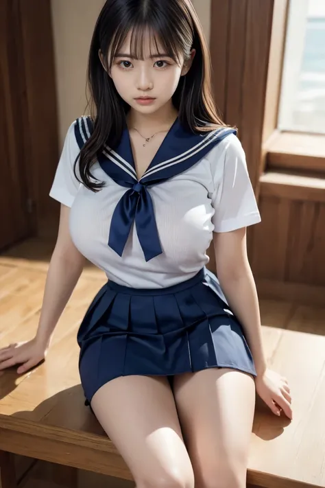 (( sailor suit 、 top quality 、masterpiece、 high res))、((( ZOOM PHOTO FROM ABOVE )))、20-year-old woman、 Beautiful skin、 beautiful eyes、 clevis on a stone、 ponytail, ((  full body photo )),  beautiful thighs,, Big TitsBig Breasts, ( Big Rich Breasts )、High S...