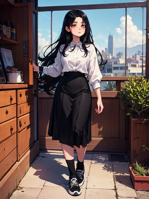  22-year-old white skin almost speaks black hair tight black socks tight black sneakers black hair,  hair parted in half black hair parted in half  ,  with the mouth closed  , , womens blouse tousled hair tie Grantilia  , Lightweight long skirt only]inha ,...