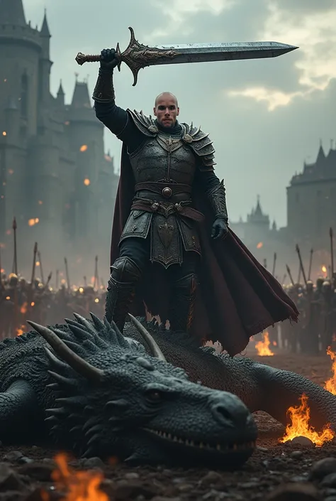 A ultra realistic dynamic cinematic shot of a masculine fit soldier in full medieval combat armor wielding a giant epic metal sword heroically standing on top of a defeated evil dragon with his giant sword raised up proudly in the air in a proud triumphant...