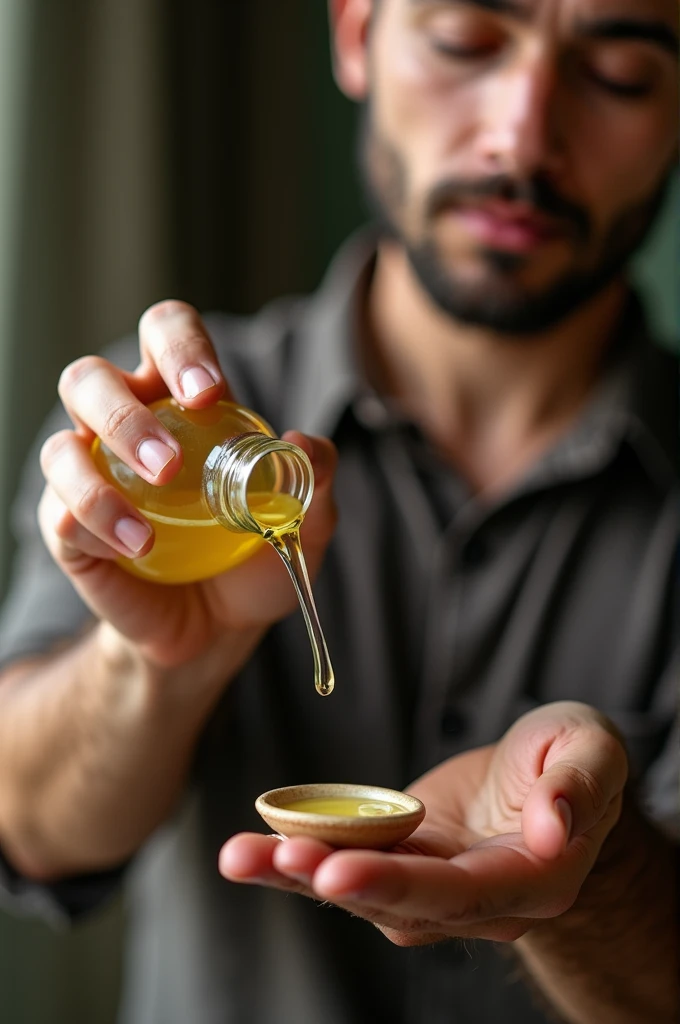 Create a man pouring coconut oil into a spoon