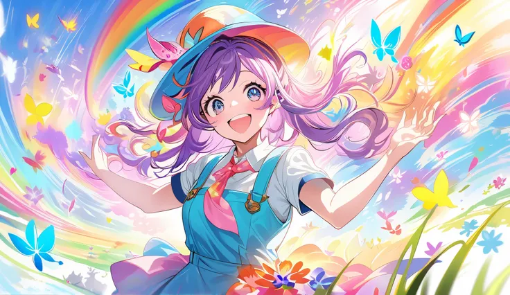 A lively high school girl with a mischievous and playful grin running through a sunny, colorful meadow. She is wearing a school uniform with a carefree and adventurous vibe. The scene includes bouncing flowers, sparkling butterflies, and quirky magical ele...