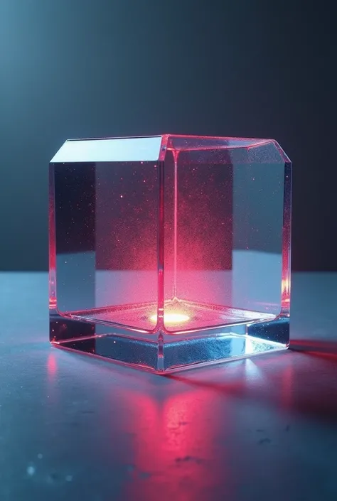 Create a photo of a blue glass cube with red light inside