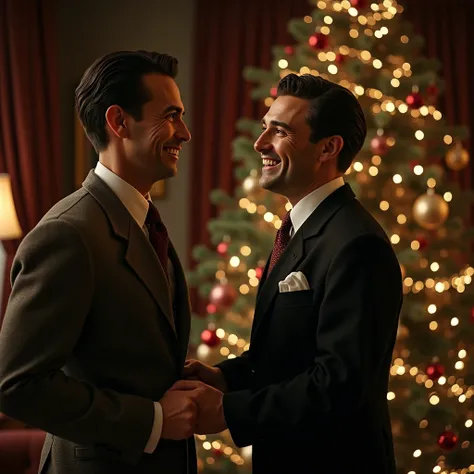 A man standing next to a Christmas tree, holding hands and smiling, from an old movie scene, 1940s film, NBC, happy still image, 1942, 1942, Jack, 1951, 1952, movie scene, (best quality,4k,8k,highres,masterpiece:1.2),ultra-detailed,(realistic,photorealisti...