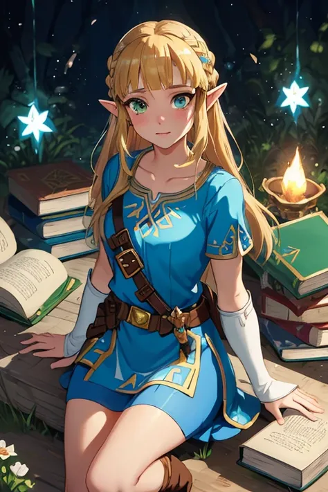  Princess Zelda,  One girl ,  Artists Request , belt, Blonde, blue  shirt, Books,  boots,  No Emotion,  full body ,  green eyes,  high res,  viewers,  magic , Nintendo, underpants,  holding a star ,  shirt,  Shorthair,  simple background, Alone,  The Legen...