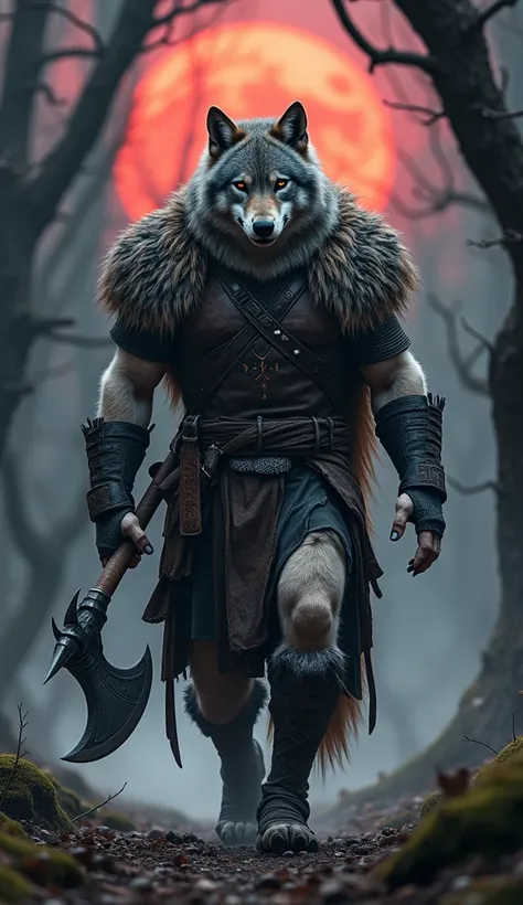 "Create an image of a Wolf Warrior with the fierce face of a wolf, featuring piercing eyes, bared fangs, and a wild, rugged mane that flows with untamed energy. The wolf stands upright like a human, with a muscular, well-defined body exuding raw strength a...