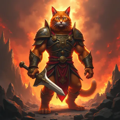 an orange cat dressed as a god of war while carrying a blade of chaos with a background of hell and the words keyra