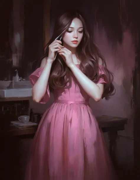 painting of a woman in a pink dress brushing her hair, artwork in the style of guweiz, loish art style, blurry and dreamy illustration, in the art style of bowater, blurred and dreamy illustration, eerie art style, dark illustration, soft digital painting,...