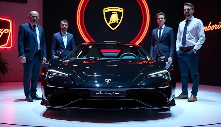 A {Lamborghini 2025 } front side angle with a sleek black exterior and a bold back grille displayed on a circular stage at an auto show. The car back end ’s front license plate prominently shows the model name ‘{Lamborghini } in a clean, modern font. The s...