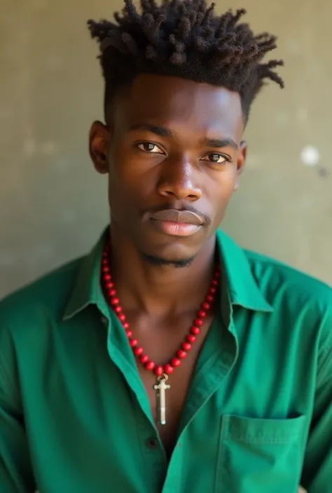 there is a man with a green shirt and a red necklace, colored photo, colorful picture, taken in the early 2020s, very very low quality picture, riyahd cassiem, portrait shot 8 k, album photo, no watermarks, looking straight to camera, black teenage boy, pr...