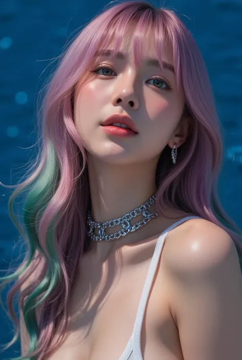 low angle side view portrays a woman with long, honey skin, sleek gold pink, blue and green hair spreads, styled in soft, natural waves that frame her face. She exudes a sultry yet elegant allure, wear loose tank top chain, chain wrap body, look up at the ...