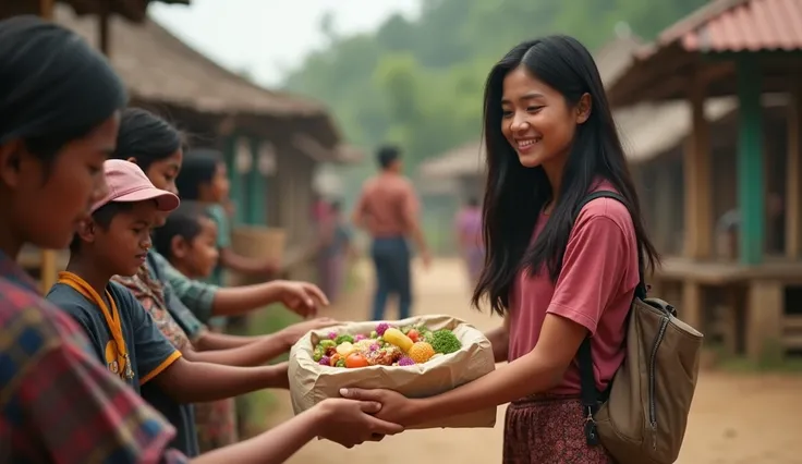  Laila beautiful girl 20 years old long black hair, Laila distributes groceries to villagers. realistic, Photography,  Indonesian style 