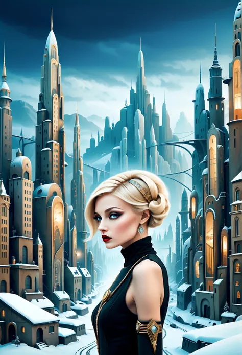  Surrealistic art deco landscape、 blonde . Blade Runners Winter City, Alexander Janssons style, Ivona Lifshes style ,  Nicoletta Cecoli style , Picasso-style, ((Art Deco style)),  artistic expression ,  high contrast, The most beautiful woman in the world,...