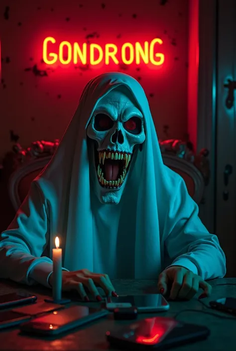 The ghost of Casper has a very scary face with fangs and long sharp nails and cynical eyes. He is sitting in a very dark room which gives a very scary impression and there is a table in front of him and there are several cellphones in front of him and ther...