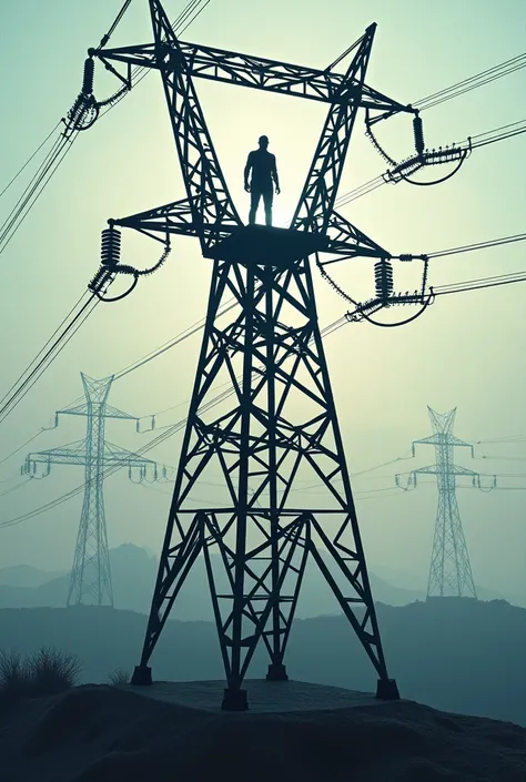 a man standing on high electric tower