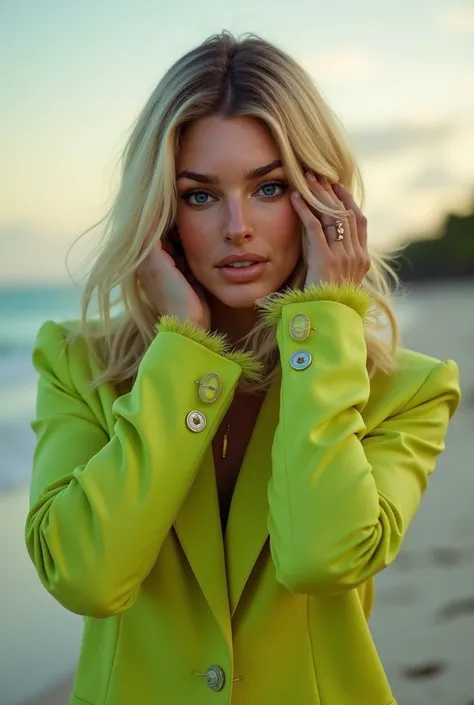 Woman Kendall ,  black eyes,  shiny lips , blush, shiny skin and light blond hair is on a beach at dusk in Punta Cana ,  in a photo shoot that only focuses on her face , tiene las manos en su rostro posando como modelo con un traje verde wearing a lime gre...