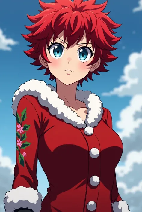 Anime My Hero Academia
a woman with short and curly red hair ,  with blue eyes with an attractive black outline ,  tattoos on the arms , mirada tranquila,  wears full body mens Santa Claus clothing 
My Hero Academia Bonuses Studios